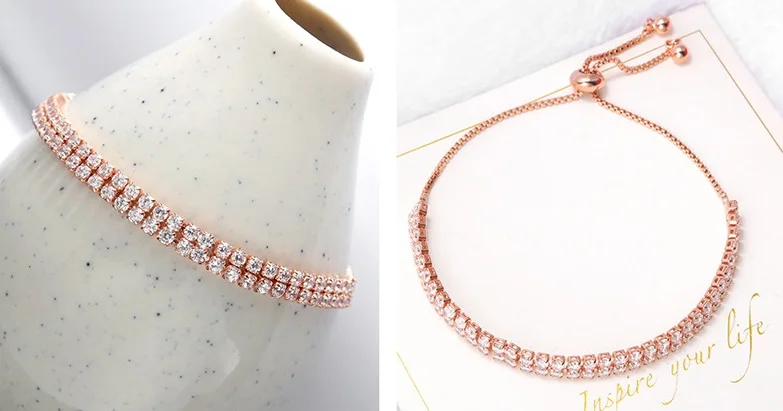 2020 Hot Selling Fancy Crystal Jewelry Rose Gold Double Raws Adjustable  Push-pull Crystal Chains Brass Bangle Bracelets Women