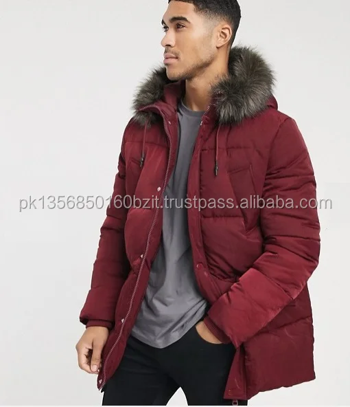 Burgundy long plus size parka jacket cheap price with polyester filling in side fox fur collar