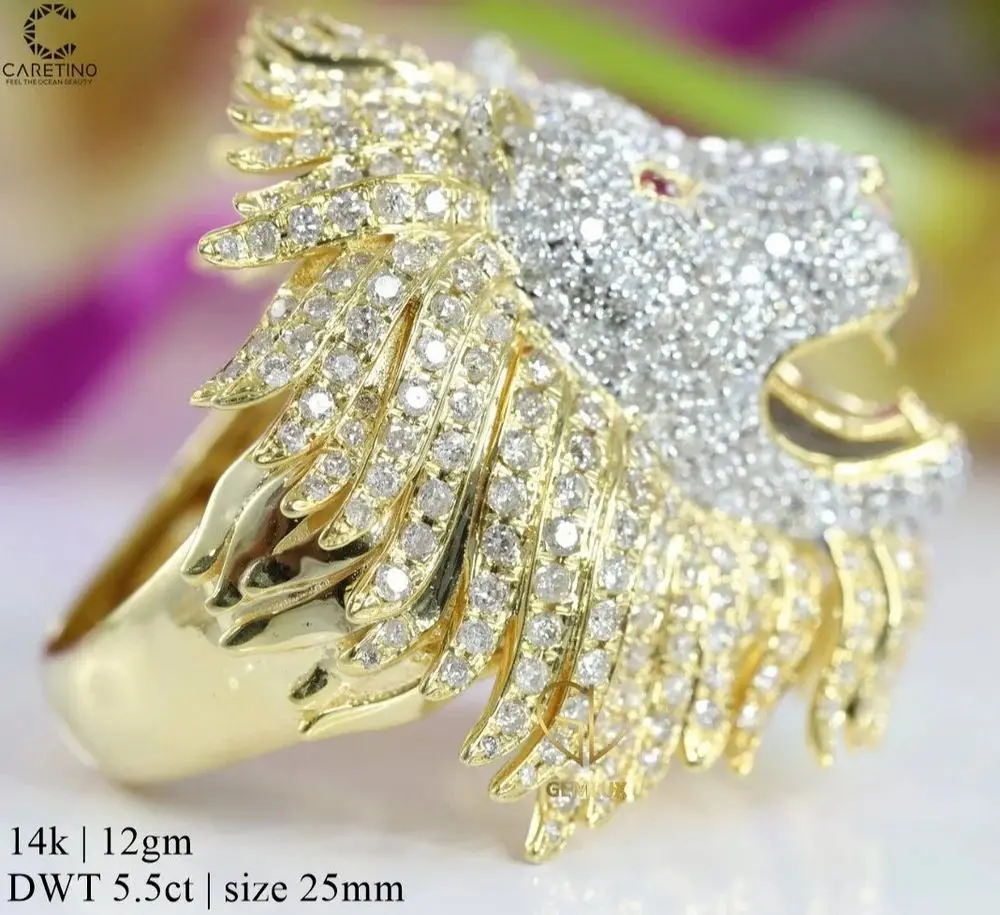 Yellow Gold Lion Head Ring with 5.5Ct round Cut Lab-Created Diamond Freshwater Pearl Emerald for Men for Parties Engagements
