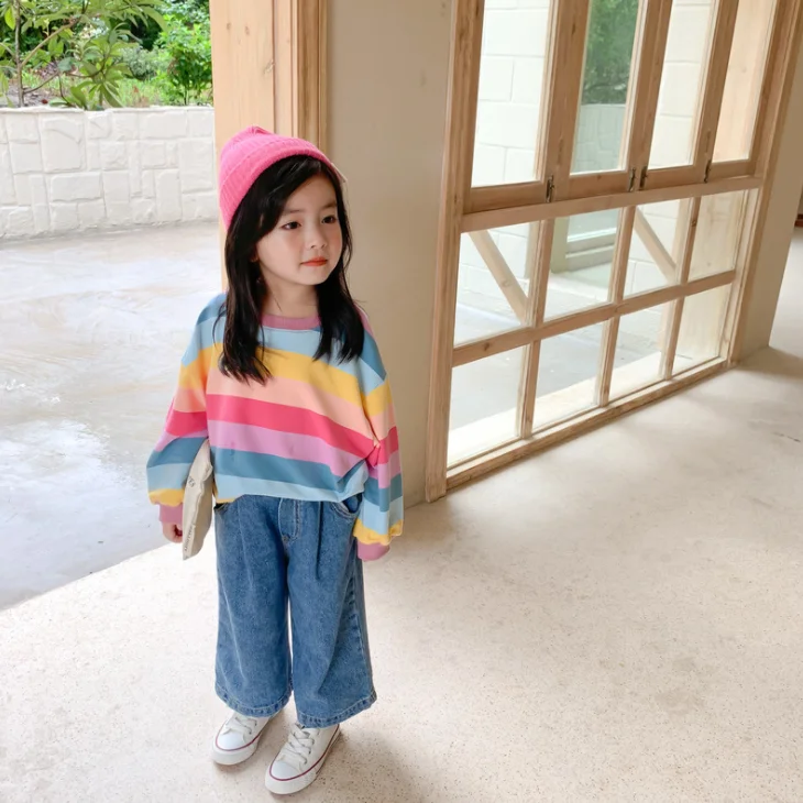 
YY10251G New arrival girls rainbow color kids long sleeve stylish loose fit hoodie 