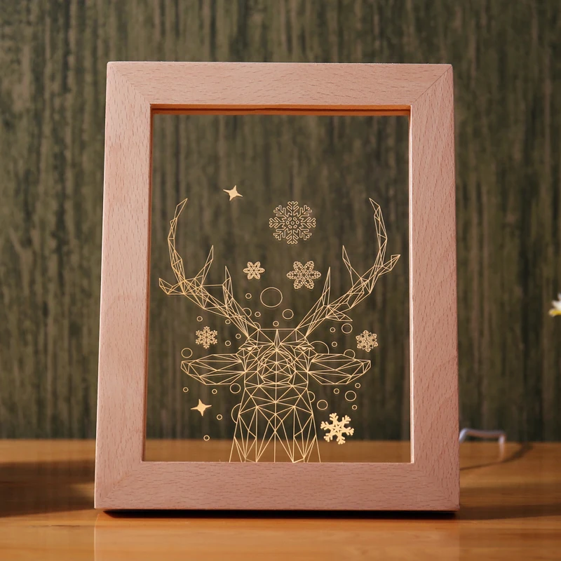 Craft Beech Wooden Foto Frame Lamp 3D Acrylic Wood LED Photo Frame Night Light