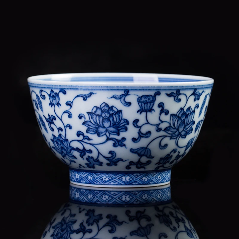 Handmade Jingdezhen Porcelain Tea Set Stone Kiln Blue and White Ceramic Tea Cup Hand-Painted Lotus Kung Fu Tea Cup Wholesale
