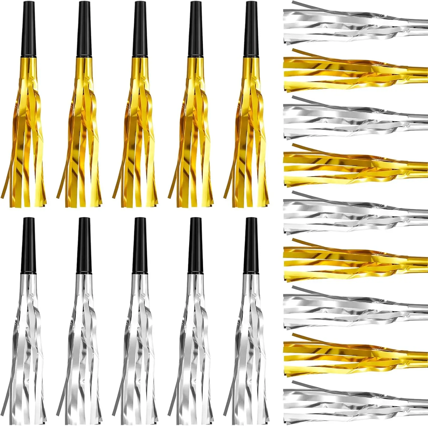 6PCS Party Blowers Whistles Blowouts Glitter Metallic Fringed Noise Makers Gold Musical Blowouts Squawker Whistles for Party