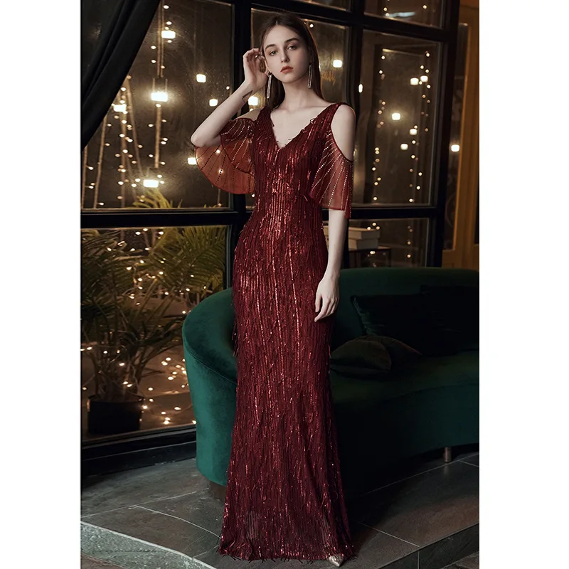 Sequin Tassel Drill Off Shoulder Sleeve Fish Tail Evening Dress Women Prom Wedding Dresses