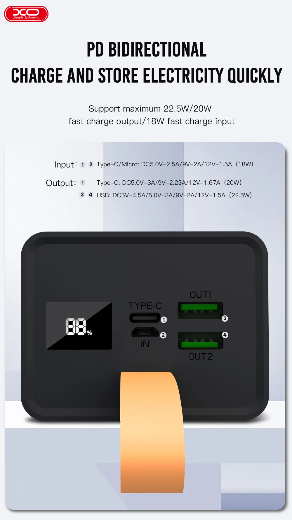 PR130 Quick charge Power Bank PD 20W+USB QC22.5W 40000mAh with light