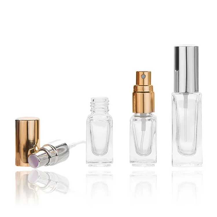 free samplemini 3 6 10 20 ml empty square refillable clear perfume gold silver mist spray glass bottles 10ml 20ml with screw cap