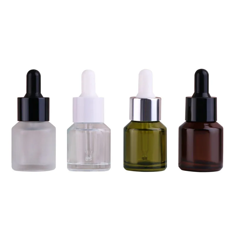 Wholesale 15ml green clear frosted amber glass dropper bottle with white rubber dropper essence oil  bottles with good price