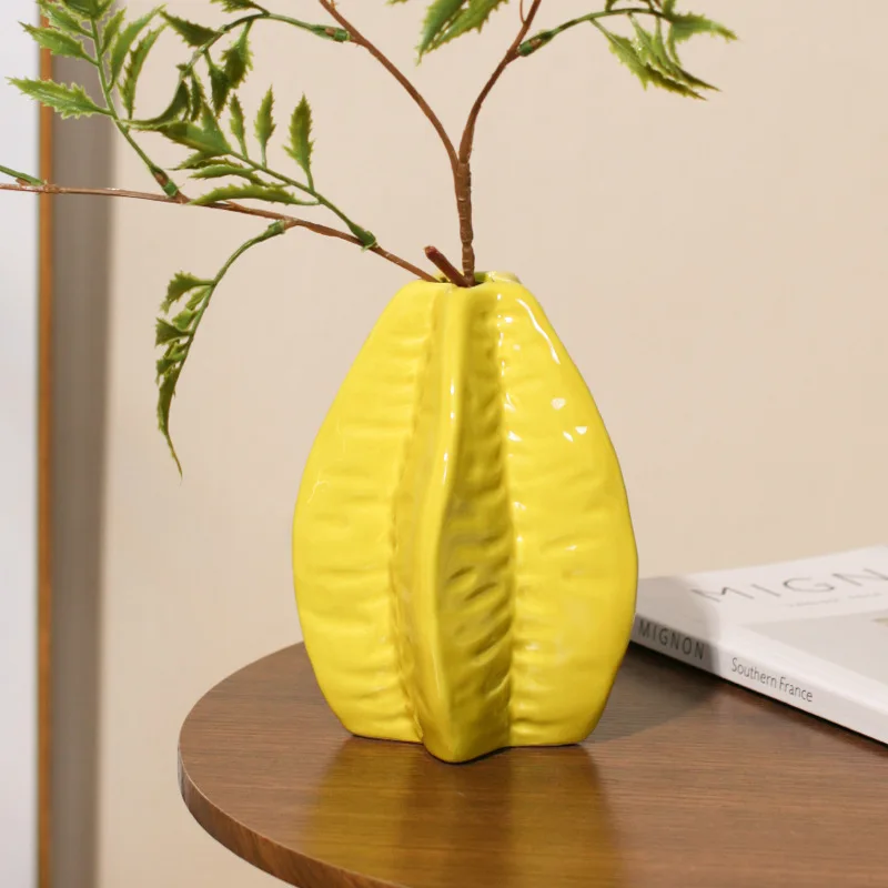 Modern Art Deco Ceramic Vase Unique Starfruit Shape in Bright Yellow Glaze Fruit-Inspired Decorative Home Pottery