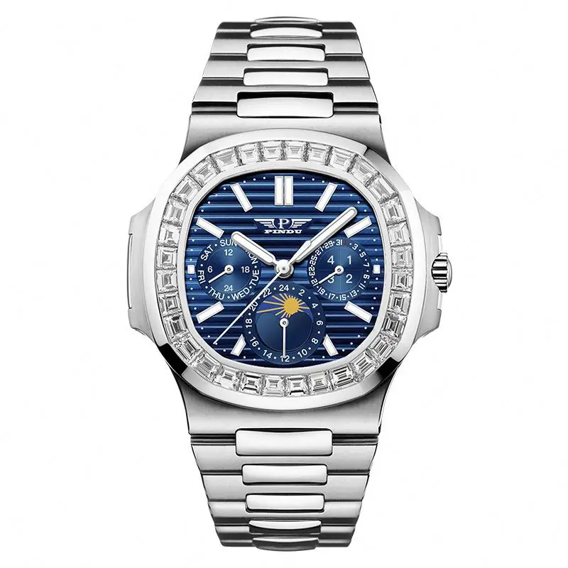 Pindu Men Luxury Classic Wristwatch Stainless Multifunctional Day 24Hour Date Moonphase Diamond Bezel Automatic Mechanical Watch