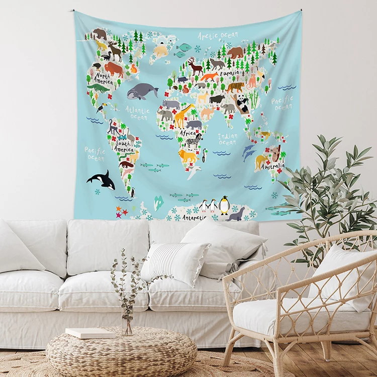 Cartoon Animal Landmarks Map Children Educational Geography Tapestries Kids World Map Tapestry