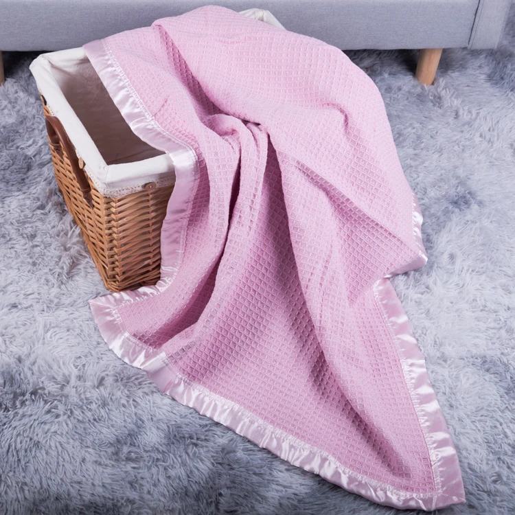 Hot selling Baby items hot sale 100% cotton organic Cellular satin binding Weave waffle kids bed blankets