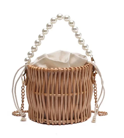 Newest Design Elegant Weave Bucket Summer Beach Straw Bag with Chain Pearl Handle