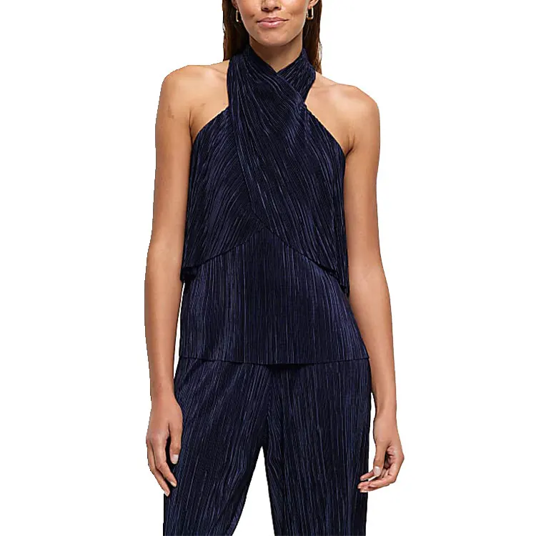 Rose Gold Plisse Halter Neck Women Tops and Bottom Set Sleeveless Layered Party Evening tank Top Blouse Elegant