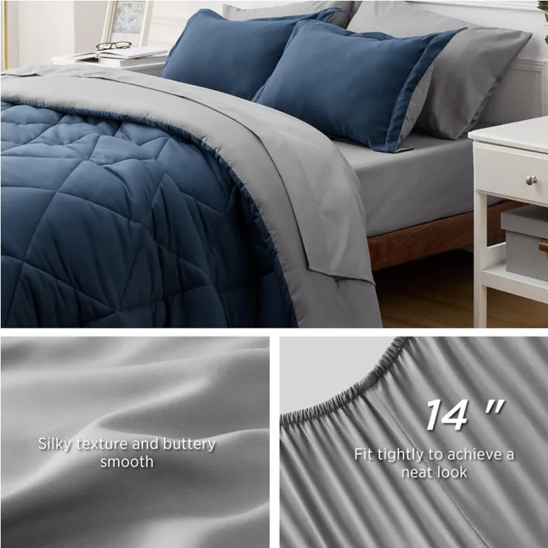 Navy Bedding Set Queen Reversible Bed Sets in a Bag with Comforters, Sheets, Pillowcases Shams and Comforter OEM szie bed set