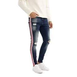 High Quality Stretchy Waistband Destroy Wash Blue Jeans Ripped Skinny Jeans Men
