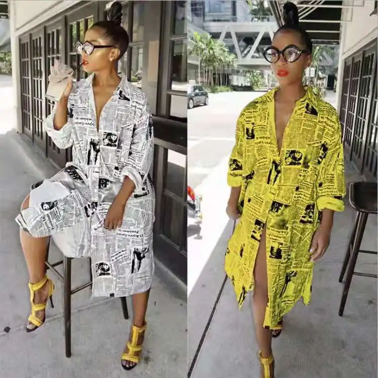 Factory Outlet Casual Long Sleeve Plus Size Newspaper Print Shirt Dres Loose Women African Clothing