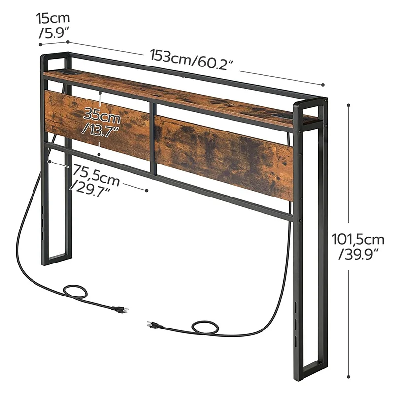 Large headboard with 2 sockets and 4 USB ports, adjustable height, storage rack, Bedside shelf nightstand