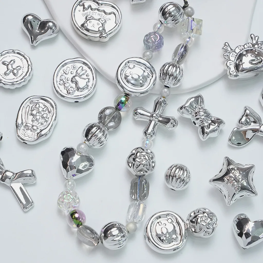 Metal UV electroplating silver five pointed star love bow loose bead DIY mobile phone chain bead material jewelry accessories