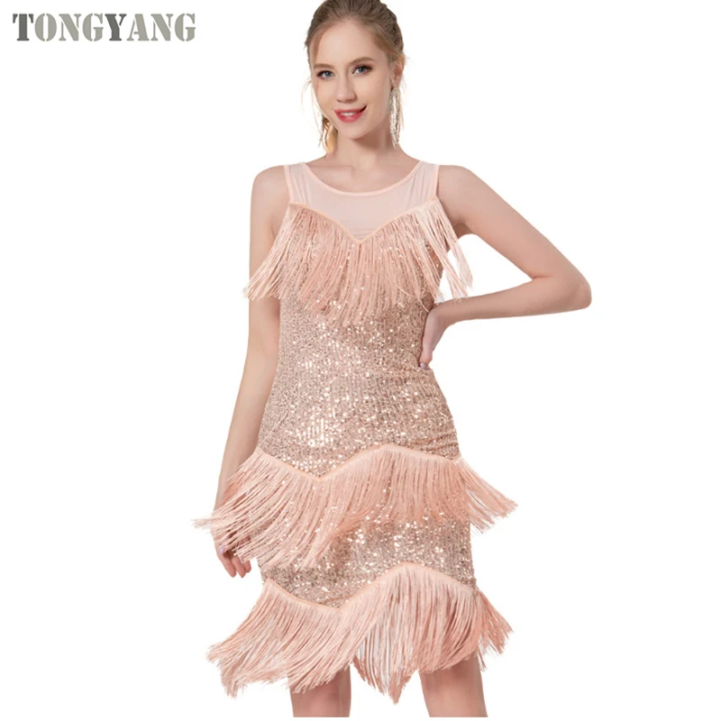 TONGYANG Womens Sparkly Sequins Tassel Dance Dresses Fringe Latin Samba Tango Wear Womens Dresses Stage wear