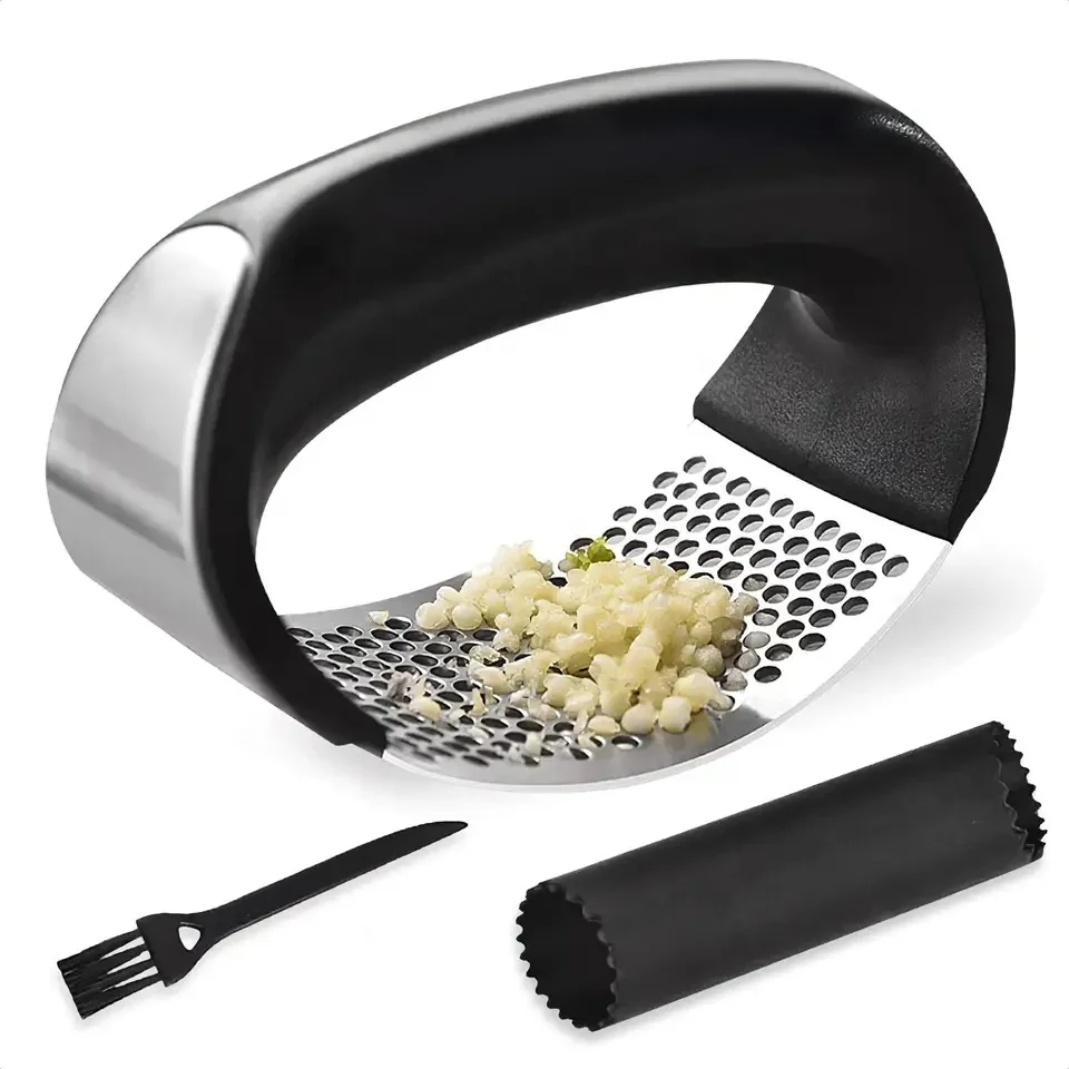 Garlic Press chopper Stainless Steel Garlic Mincer Tool Garlic Crusher With Silicone Peeler And Scraper Brush