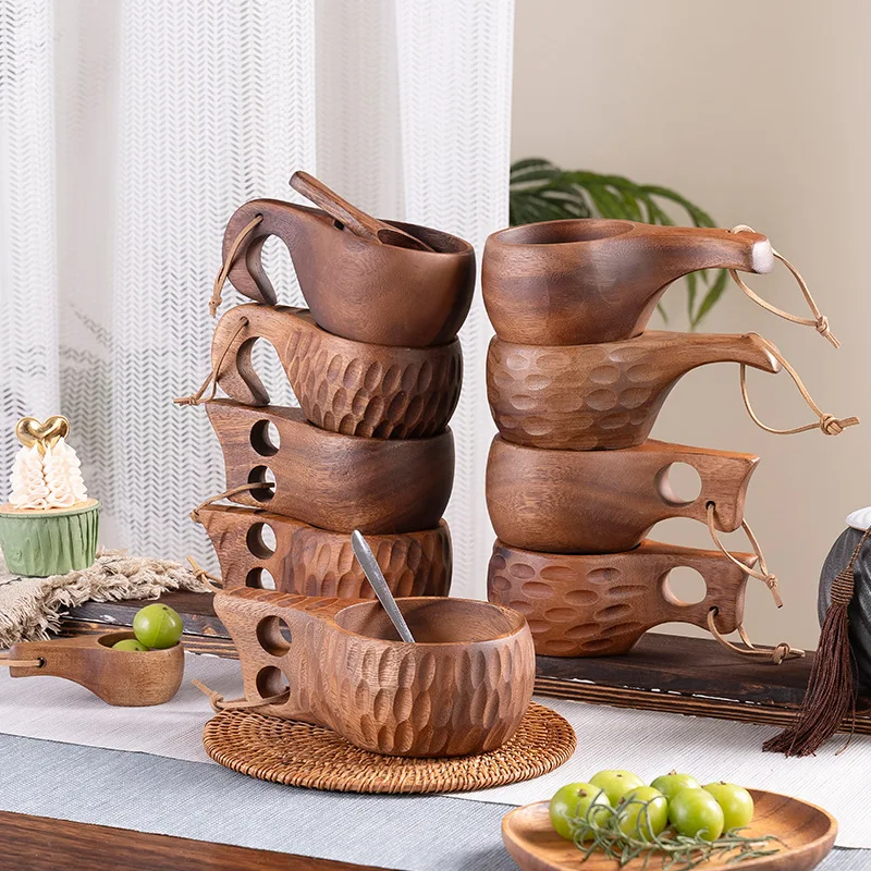 Walnut Nordic Creative Anti-Hot Solid Wood Cup Finland Acacia Wood Milk Coffee Ornament Decoration Tea Cups & Saucers