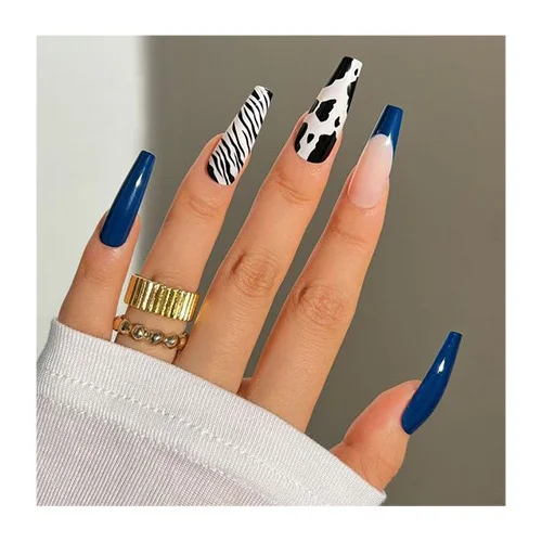 Newly Introduced Long Coffin Acrylic Fake Nail Tips Factory Price Zebra Cow Patterns Blue Color Designs Acrylic Press On Nails
