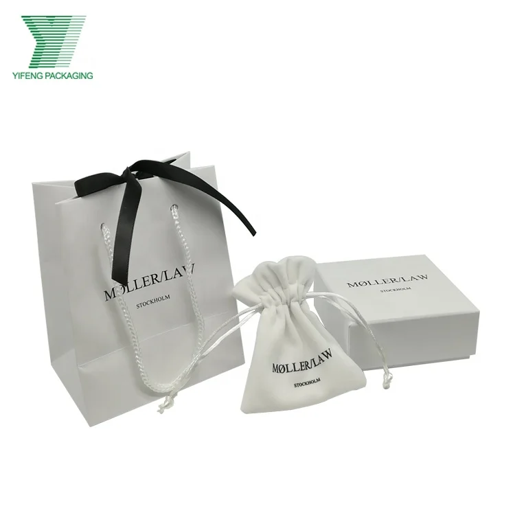 Custom white paper gift bags logo printed jewelry set packaging shopping paper bag with rope handles coated paper carrier bag