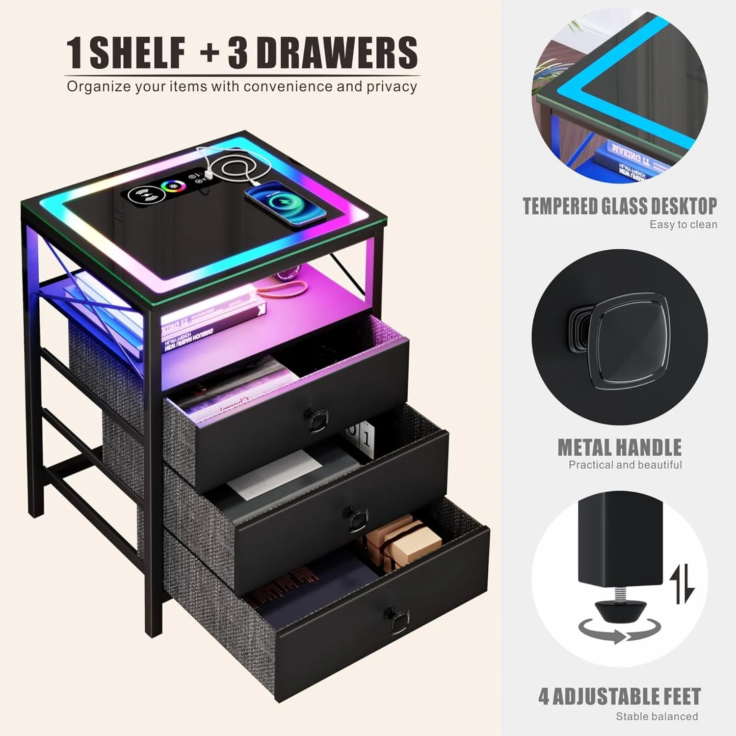 Smart Living Room Nightstand End Side Table USB Port & Power Outlet Bedroom table with drawers storage cabinet and glass top