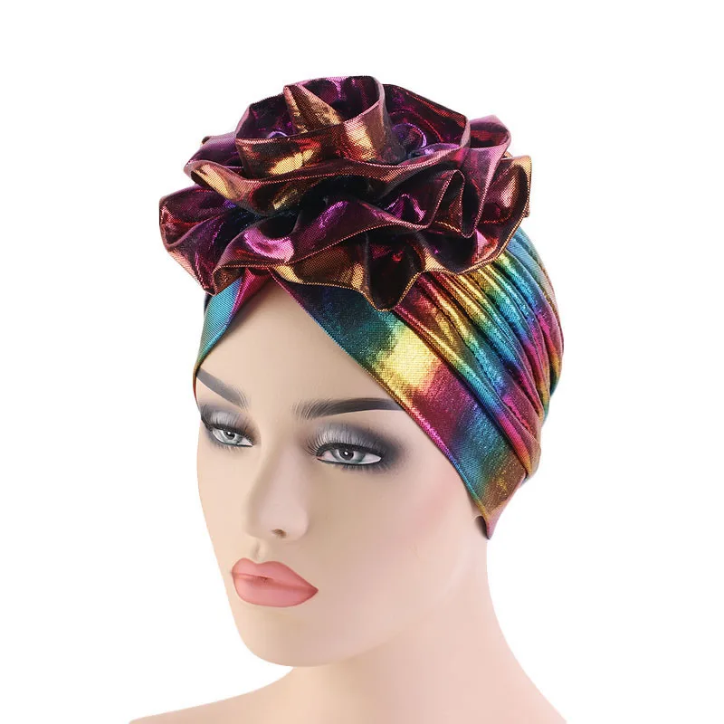 Fashion African Women Laser Hair Turbans Nigerian Female Flower Party Wedding Holographic Hair Turban