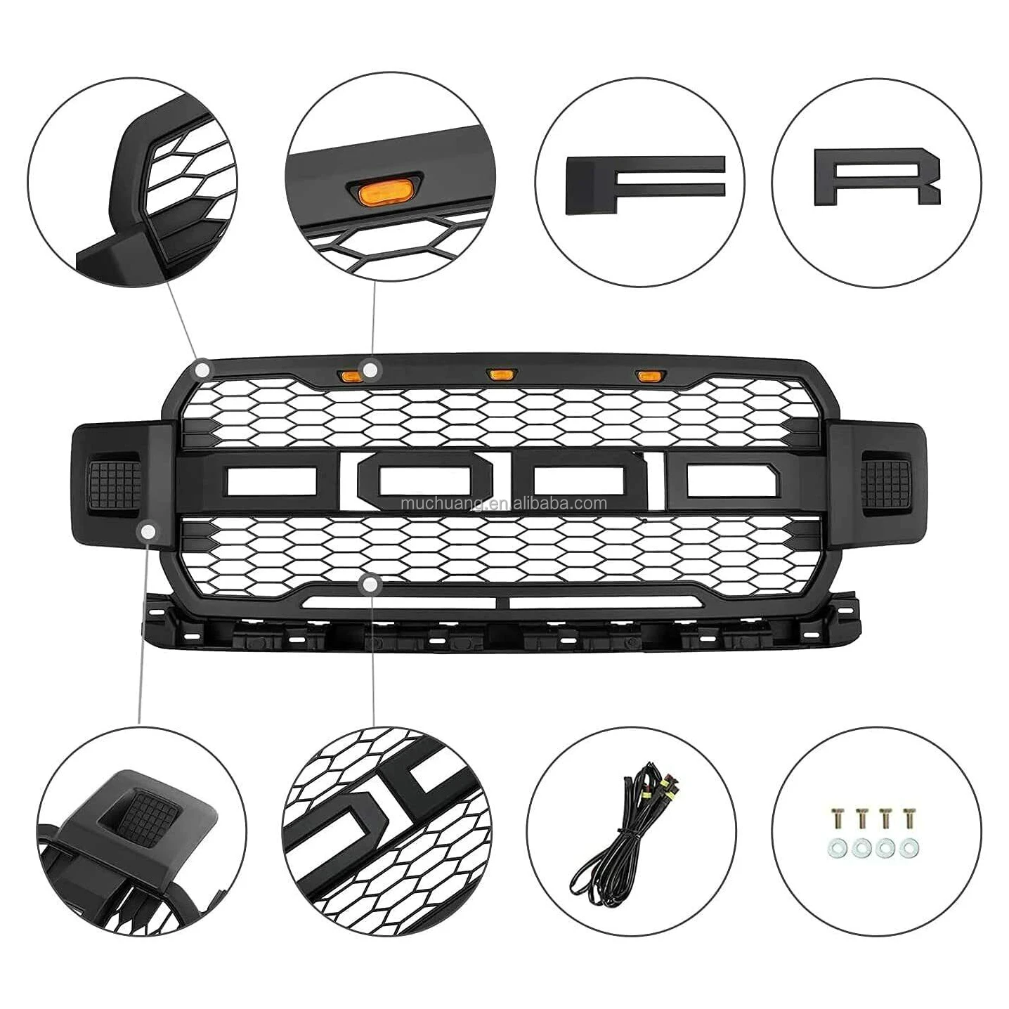American hot selling retail auto parts Car Grille For 2018 2019 2020 Ford Raptor Style F150 Pickup Mesh Upper Hood Grille LED