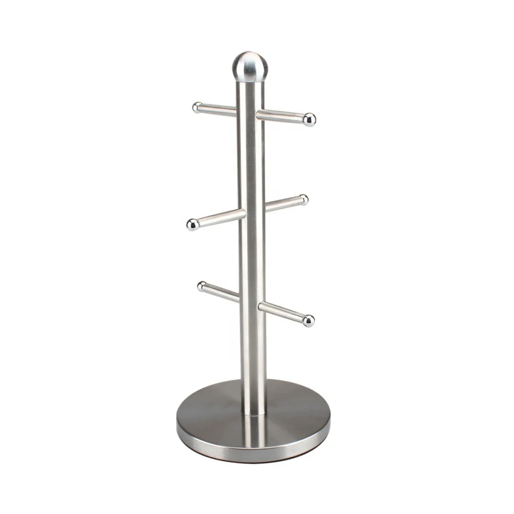 Kitchen Towel Paper Roll Pole Holder Free Standing Bath Rack (Cream, Mug Tree), Stainless Steel 6 Cup Mug Tree Stand