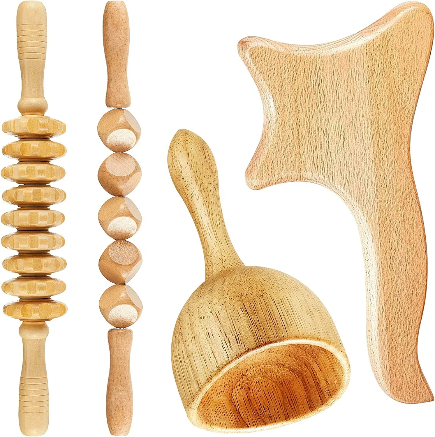 4 In 1 Anti Cellulite Wooden Massage Roller Wood Guasha Therapy Massage Stick Tool Lymphatic Sculpting Tool Set for Body Shaping