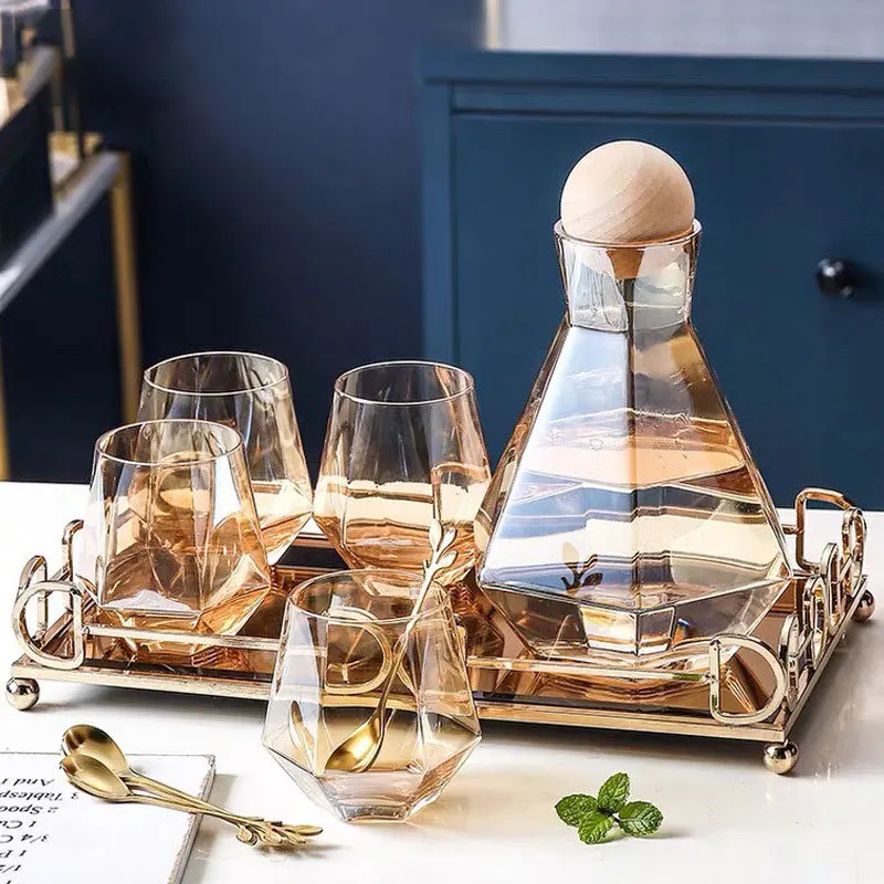 Hensin Luxury Diamond  Home With Handle Glass Drinking Family Tea Cups Glass Water Kettle Set For Guests