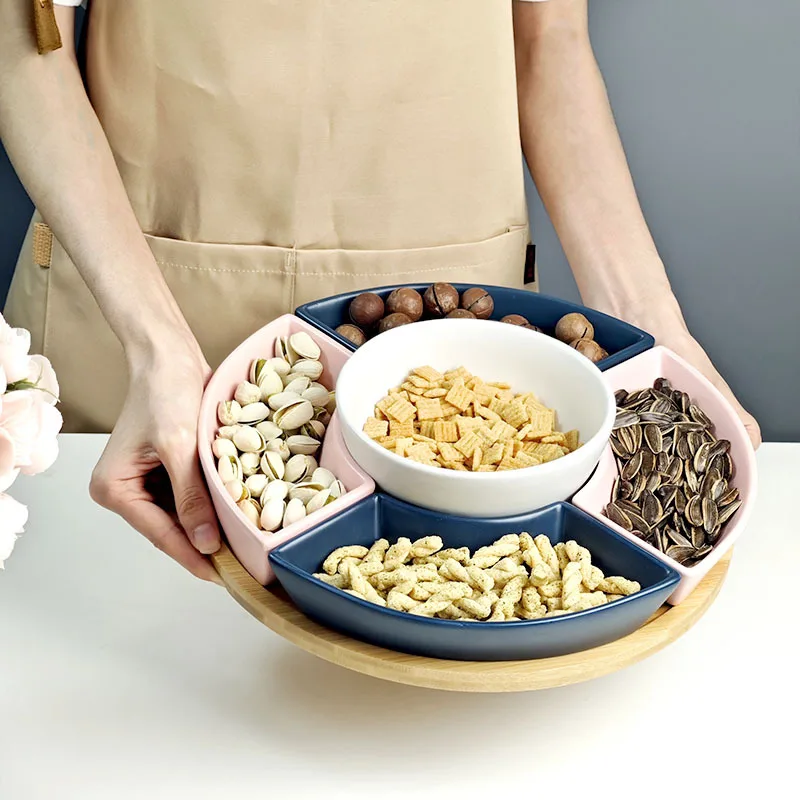 Wholesale rotating bamboo snacks tray compartment ceramic seving plate candy dry fruits snack plates with handle & lid