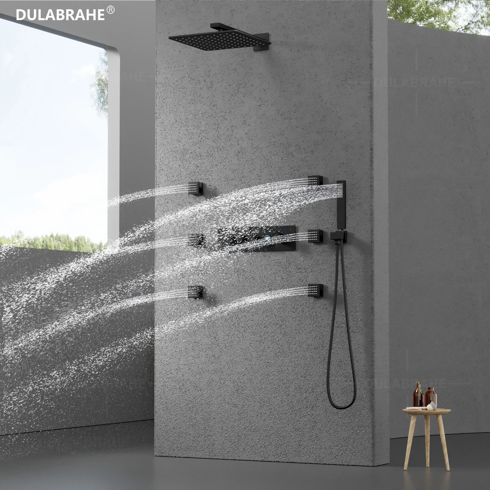 3 Functions Black Thermostatic LED Digital Display Shower Faucet 10inch Shower Head Contemporary Shower Set