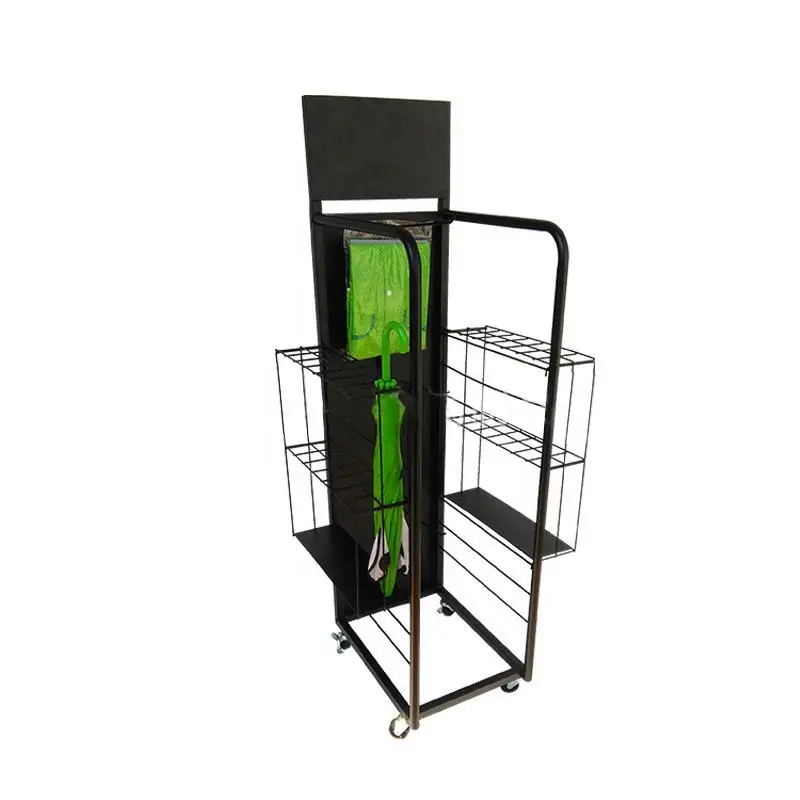 New Arrival Retail Store Metal Umbrella Display Racks Storage Hanging Hooks Stand with Adjustable Wheels