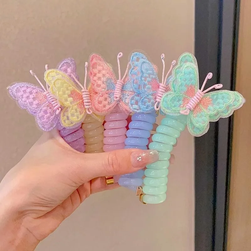 Colorful Phone Wire Cords Hair Bands With Embroidered Butterfly Japanese Weaving Ponytail Artifact Tools Kids Hair Tie