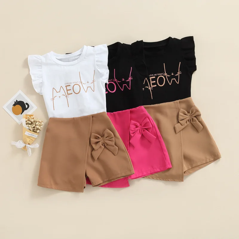 Short Sleeve Clothing Sets Girls Summer Letter Top + Shorts with Bows Decoration Two Piece Short Set Toddler Clothes