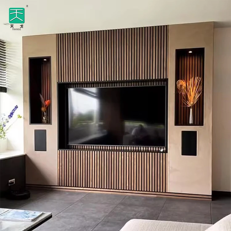 TianGe 600 Mm Pet Mdf  Slat Wooden Veneer De Madera Solid Wood Akupanel Acoustic Panel For Euro Market In Eu