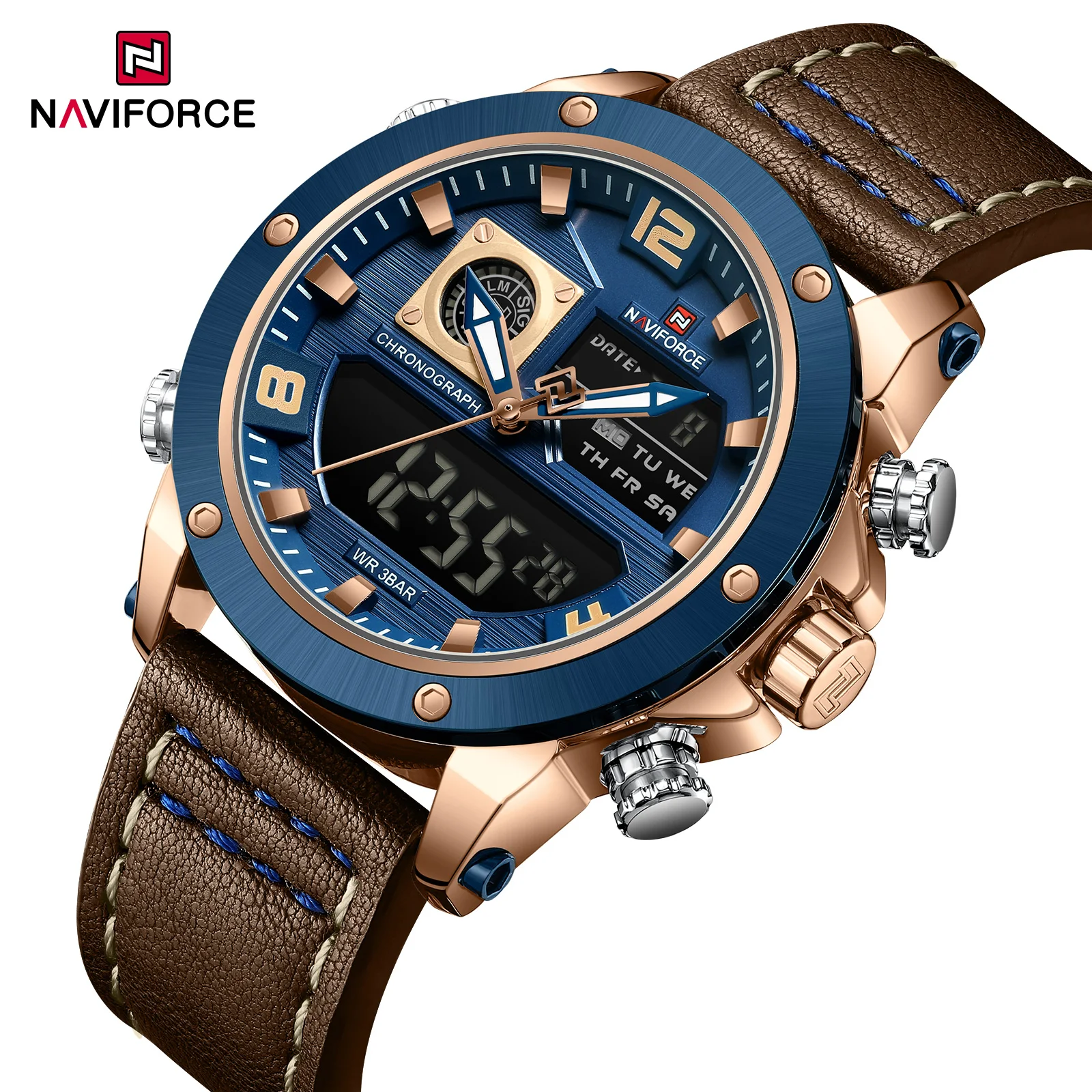 Naviforce NF9236 fashion men digital watch original Genuine Leather Strap water resist double display storage business watch set