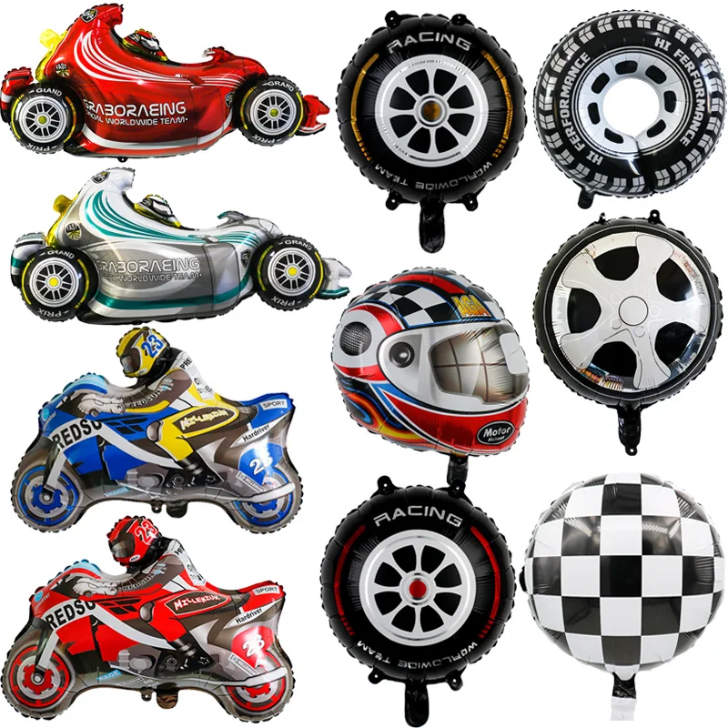 Cartoon Car Foil Balloon Black and White Checkered Stripe Round Shape Helium Racing Theme Tire Decoration Supplies