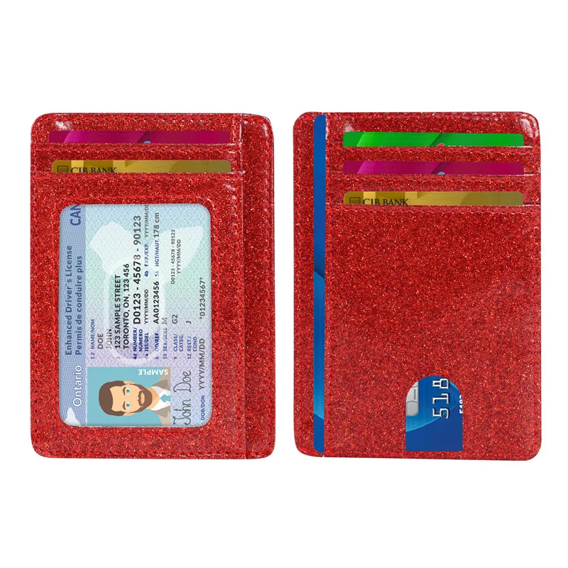 Wholesale soft bling glitter pu leather front pocket RFID blocking minimalist slim credit card holder wallet for women