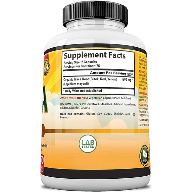 Organic Maca Root Powder Capsules 1500 mg with Black Red Yellow Peruvian Maca Root Extract Supplement for Men and Women