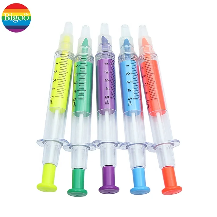 Popular 2 in 1 creative needle syringe highlighter with ball point pen assorted 6 colors for office, school and promotion gift