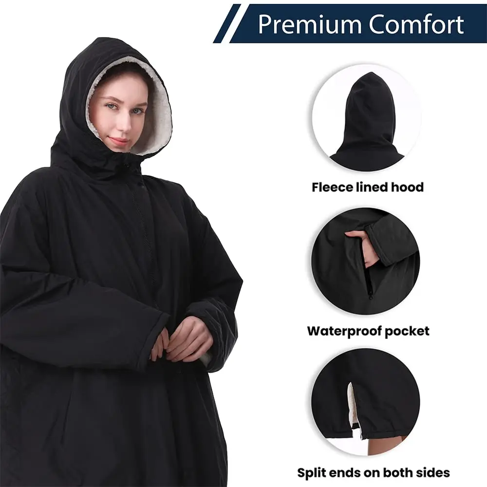 Customized Womens Waterproof Soft Warm Full Zip Beach Surf Swim Parka Changing Robe With Hood