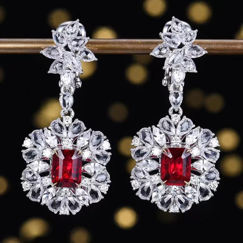 MEDBOO Fine Jewelry Real 18k White Gold 2.95 Carats Emerald Cut Jewellery Natural Gemstone Unheated Pigeon Red Ruby Earrings