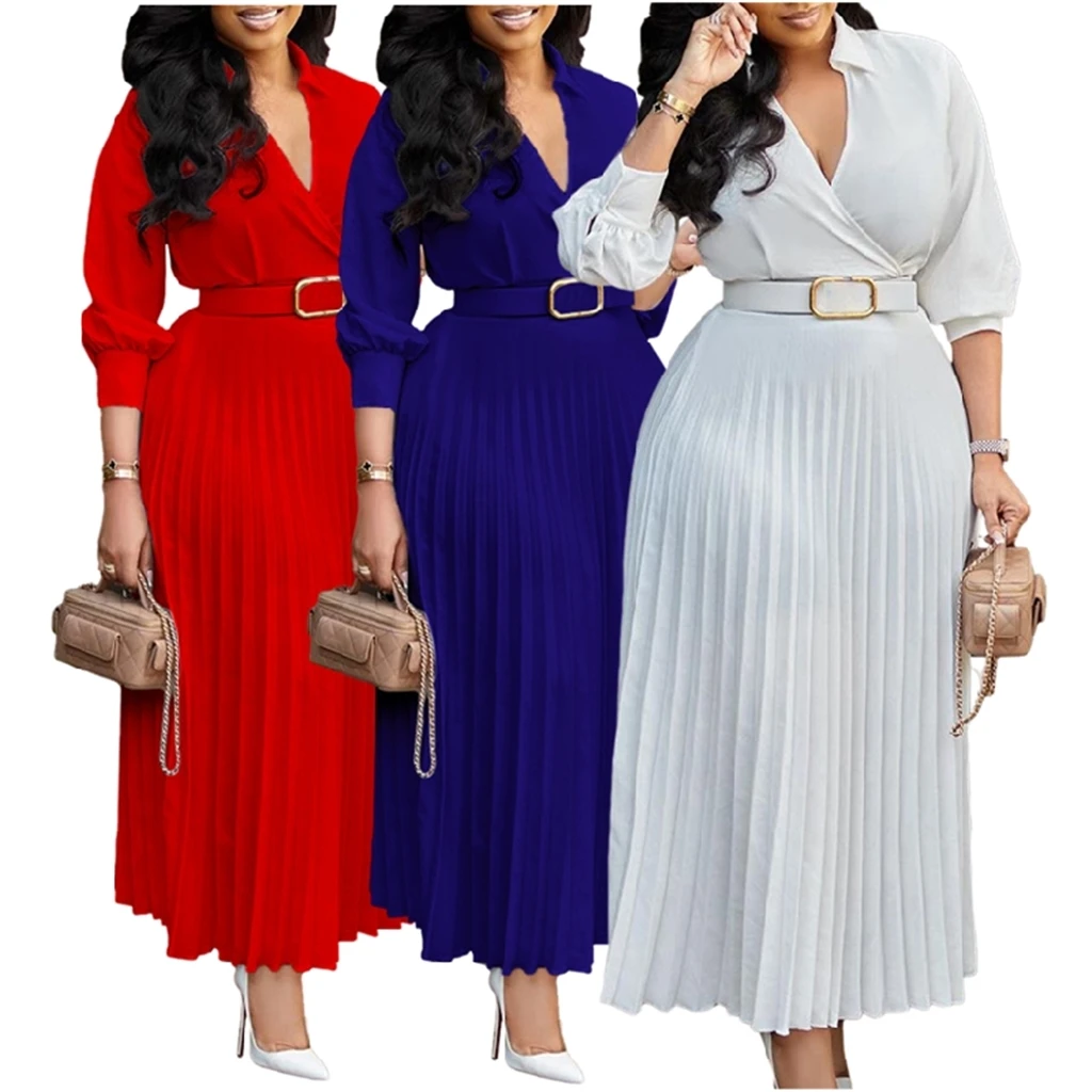 ZHEZHE Trendy Spring Dresses Women Lady Elegant Solid Color Long sleeve V-neck Pleated Dress Elegant Casual Dresses With Belt