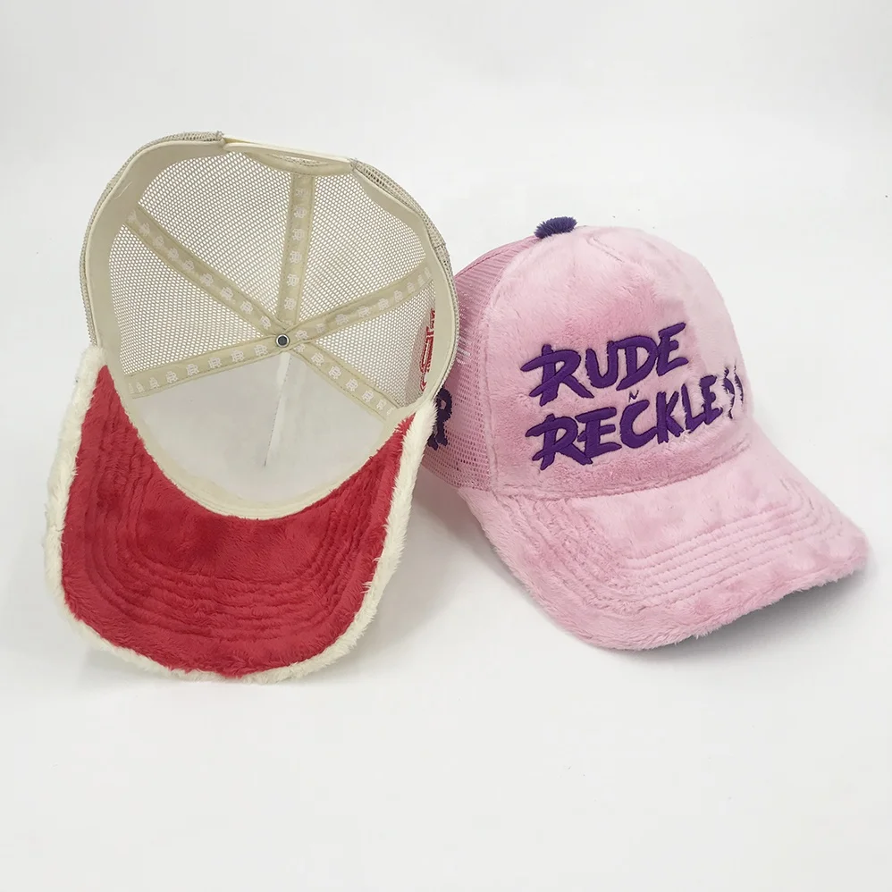 Factory New Design Fur Fuzzy Velvet Trucker Cap Custom 3D Embroidery Logo A Frame Style Winter Velvet Sport Hats