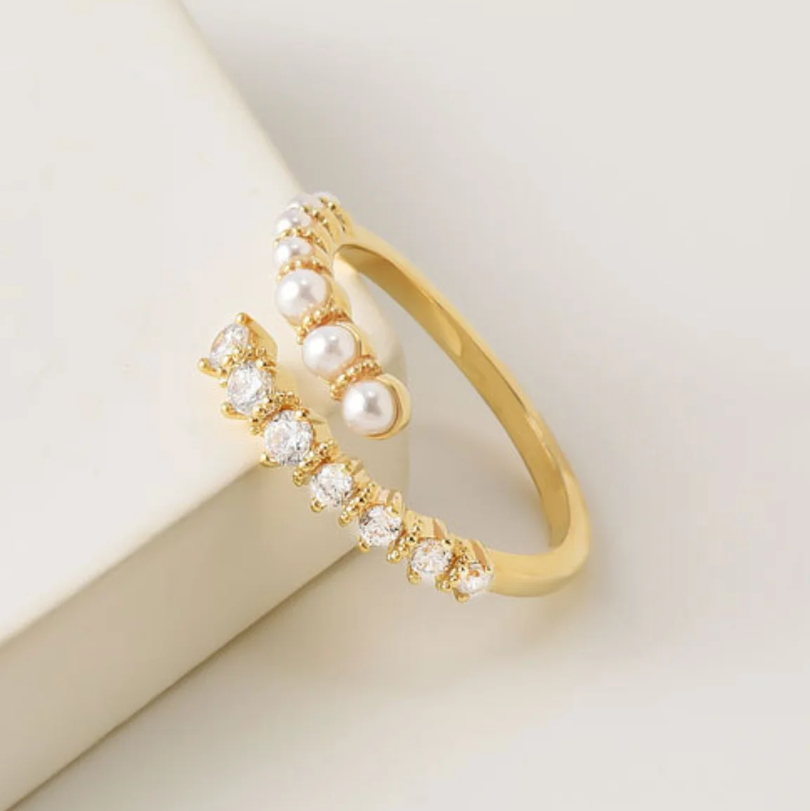 14k gold plated brass adjustable open rings jewelry inlaid with pearl zircon rings for women