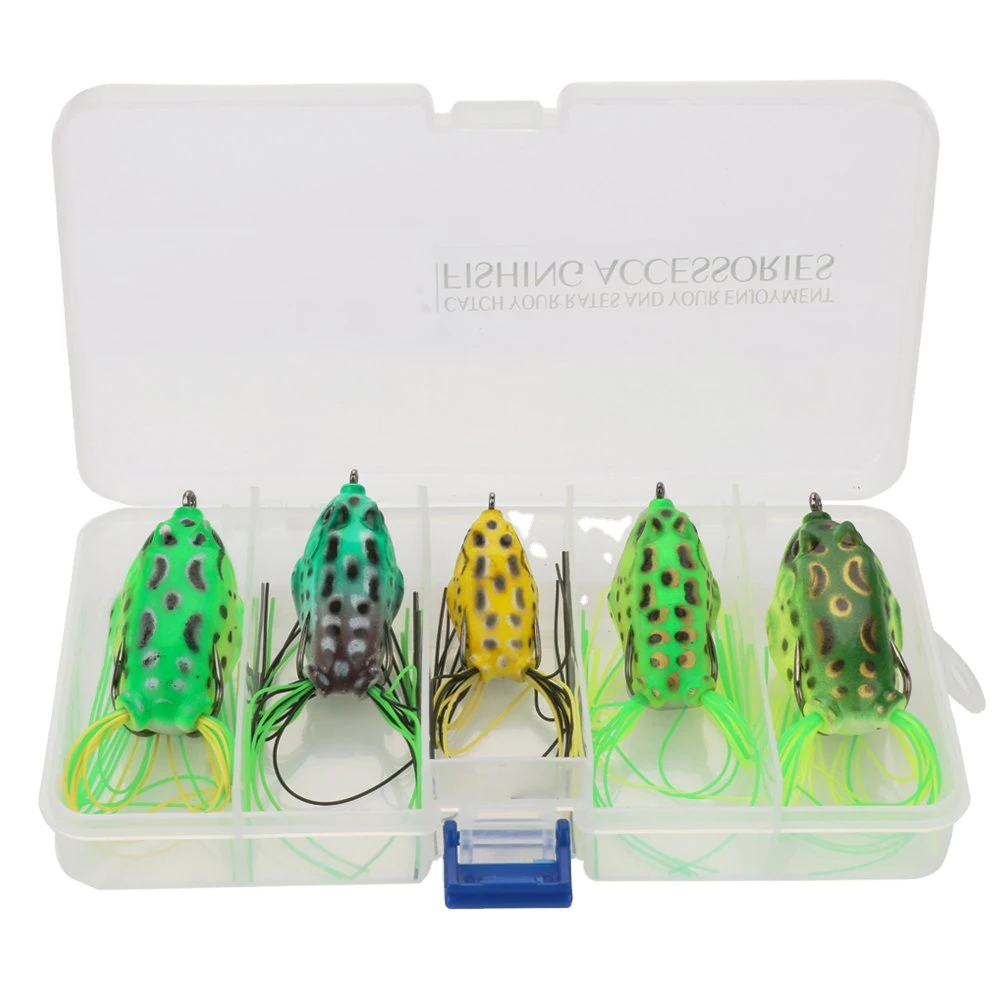 Soft Fishing Lure Set Kit Top Water Frog Lure 5 Piece in Fishing Tackle Box Soft Rubber Fishing Frog Lure